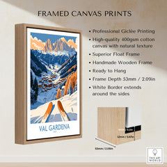 Val Gardena Ski Print - Italy framed canvas print showcasing ski slopes and mountains.