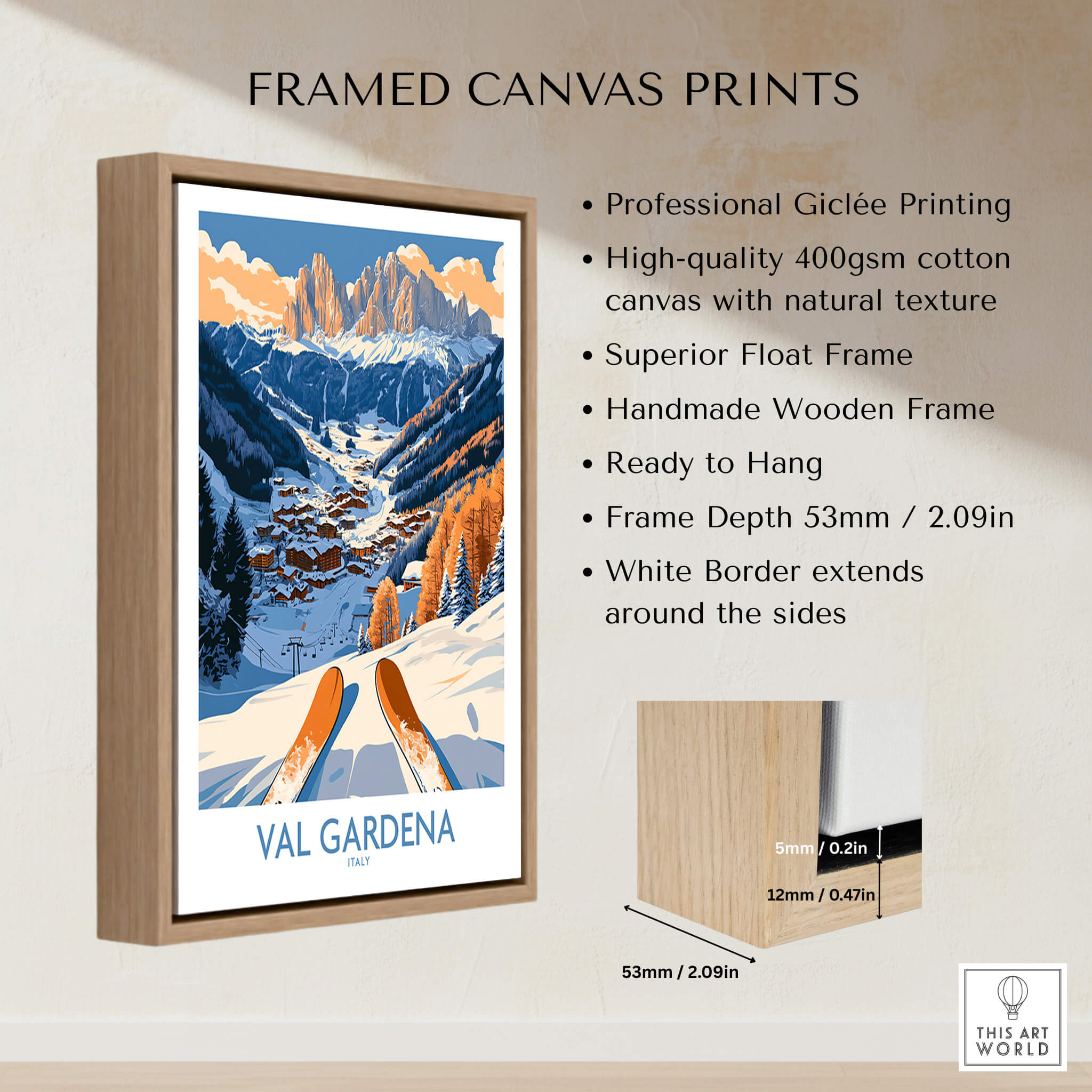 Val Gardena Ski Print - Italy framed canvas print showcasing ski slopes and mountains.