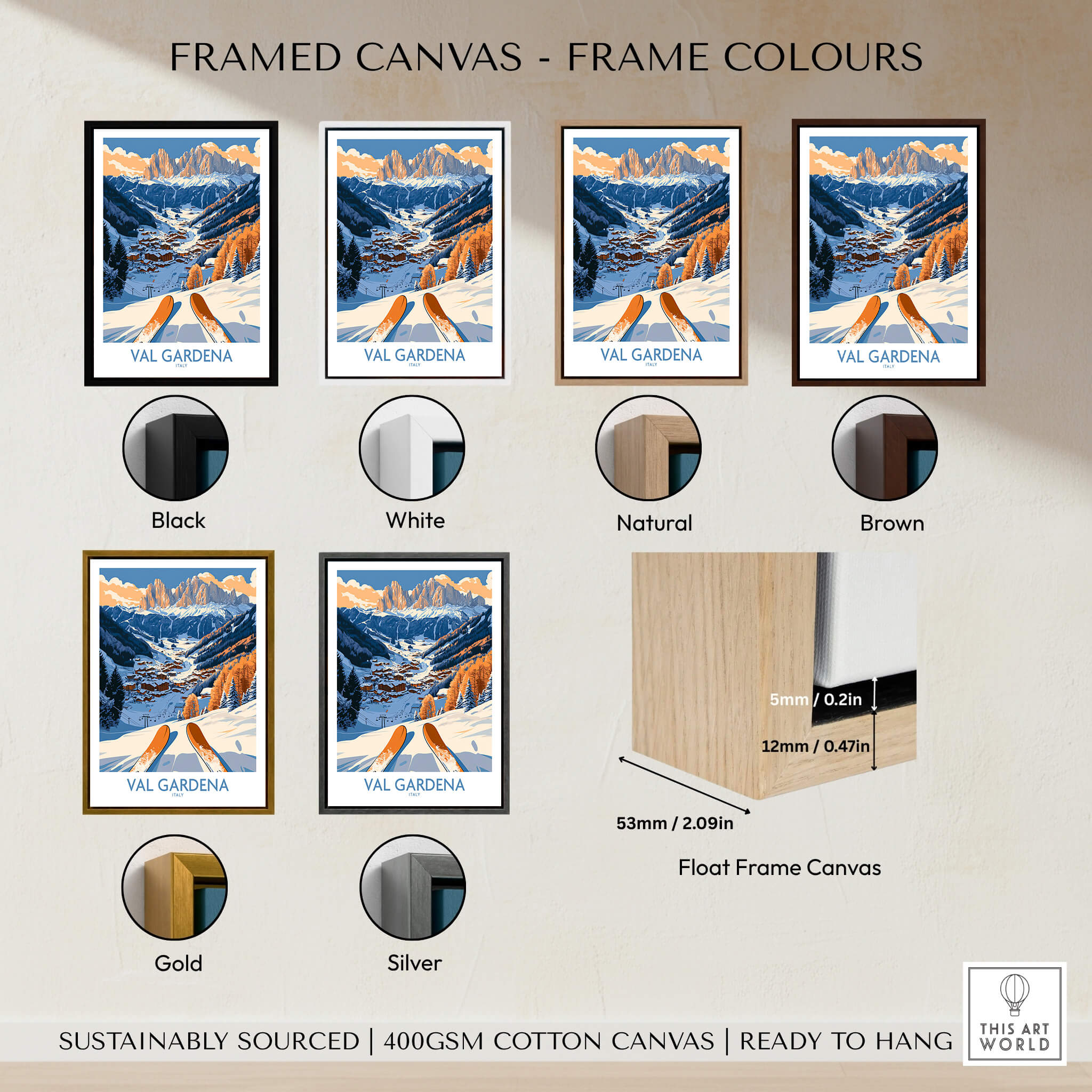 Framed Val Gardena Ski Print - Italy in various frame colors including black, white, natural, brown, gold, and silver.