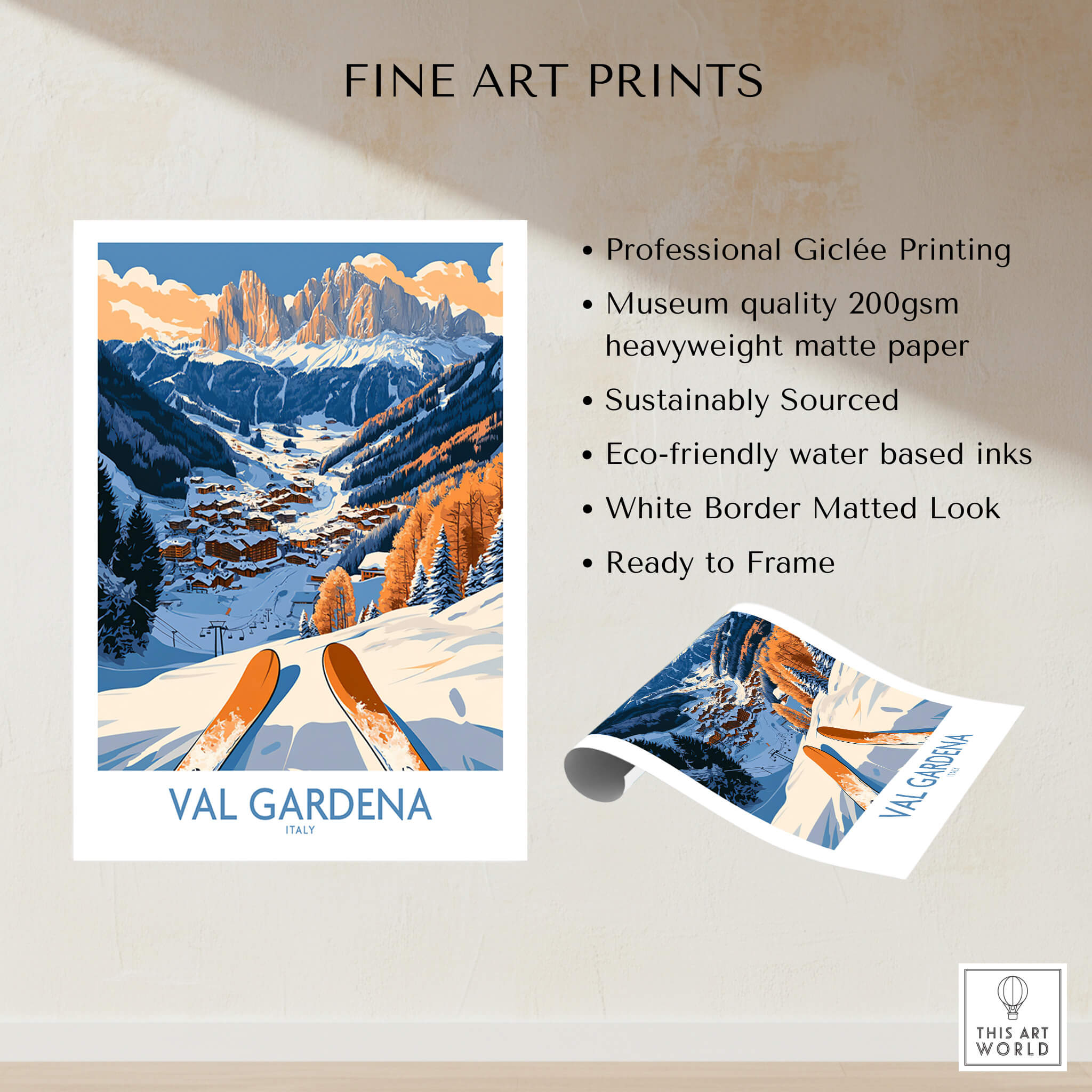 Val Gardena Ski Print - Italy showcasing vibrant mountain scenery and ski slopes with professional Giclée printing.