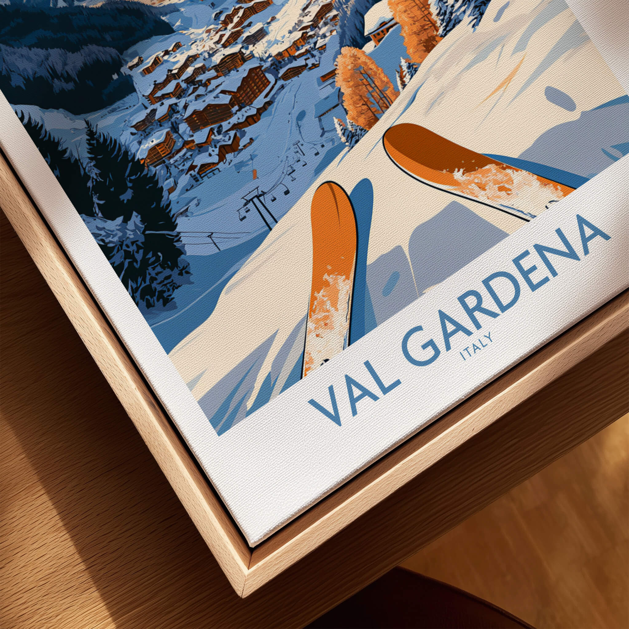 Val Gardena Ski Print -  Italy showcasing vibrant skiing scene with snow-covered slopes and cozy mountain town.