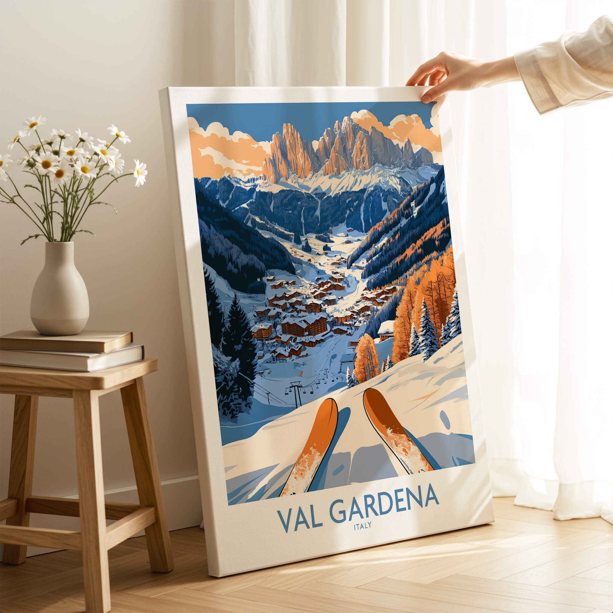 Val Gardena Ski Print - Italy showcasing stunning ski slopes and mountains in vibrant colors.