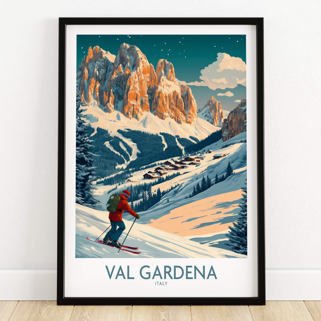 Val Gardena Wall Art Ski Print - Italy showcasing a skier in the Italian Alps with a breathtaking mountain backdrop.