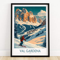 Val Gardena Wall Art Ski Print - Italy showcasing a skier in the Italian Alps with a breathtaking mountain backdrop.