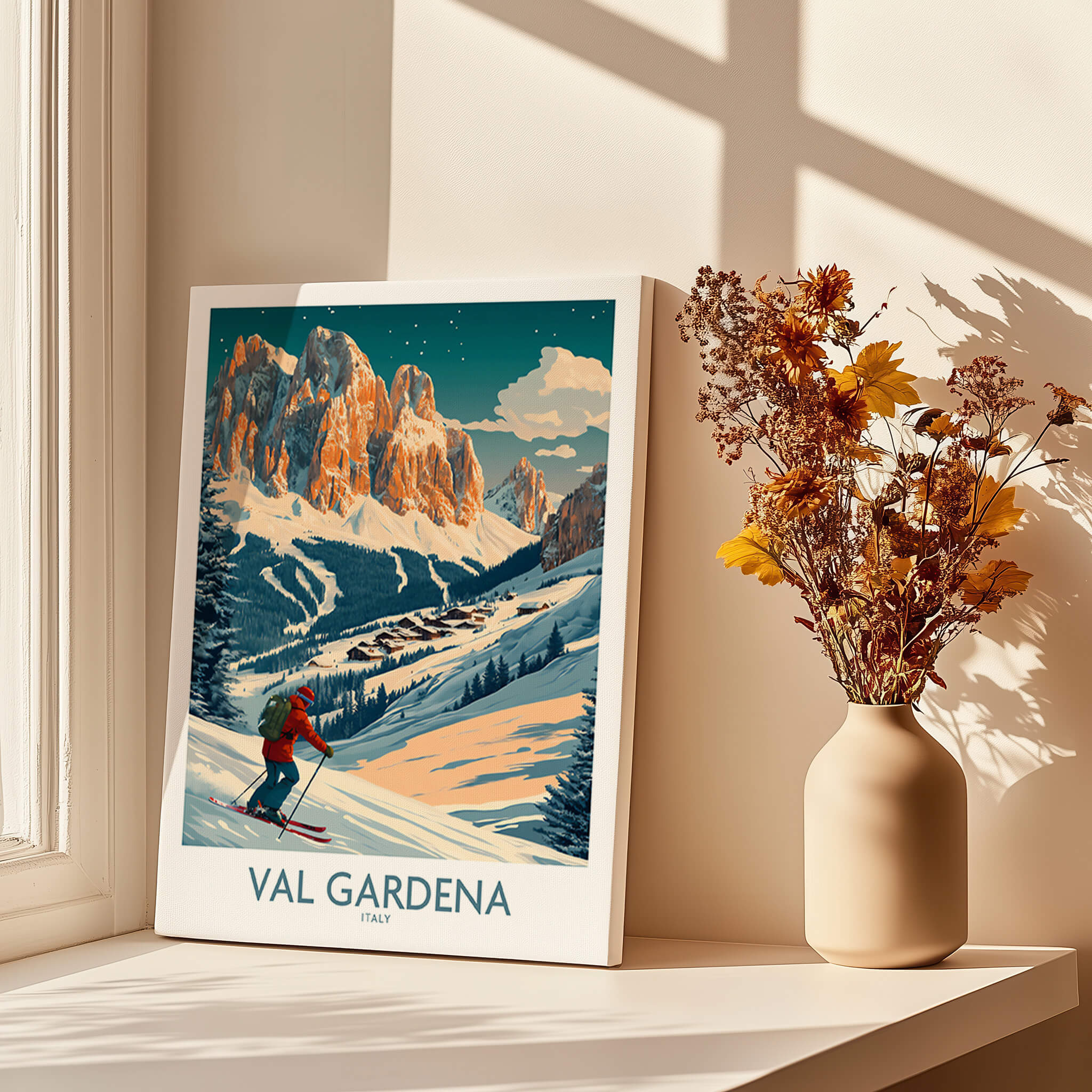 Val Gardena Wall Art Ski Print - Italy capturing the beauty of skiing in the Italian Alps.
