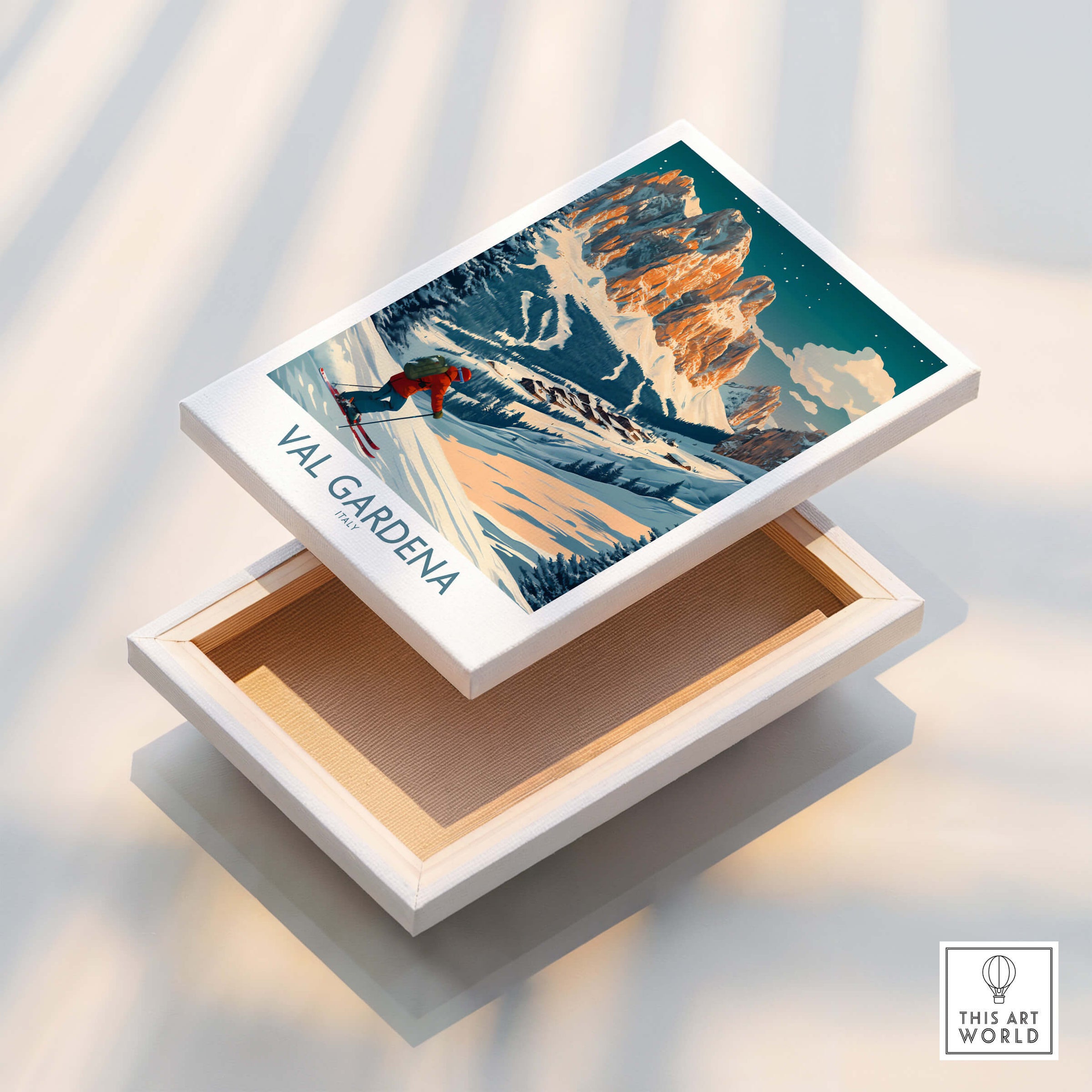 Val Gardena Wall Art Ski Print - Italy showcasing a skier against a stunning mountain backdrop.