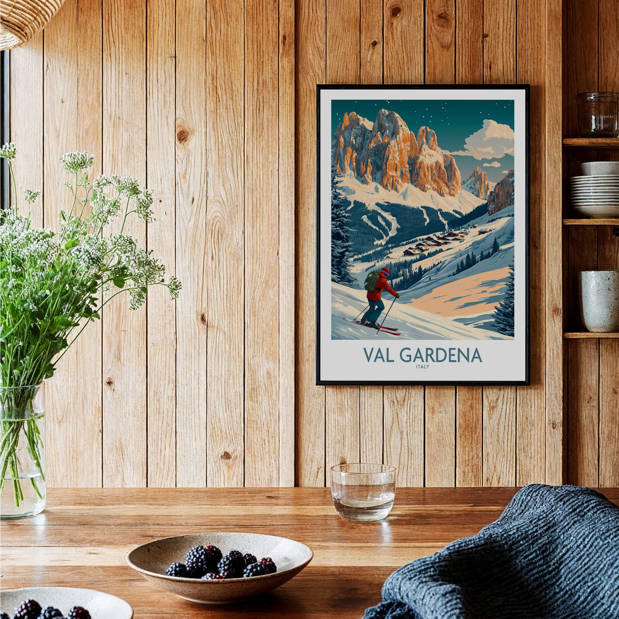 Val Gardena Wall Art Ski Print - Italy displayed in a cozy interior with wooden accents and fresh flowers.