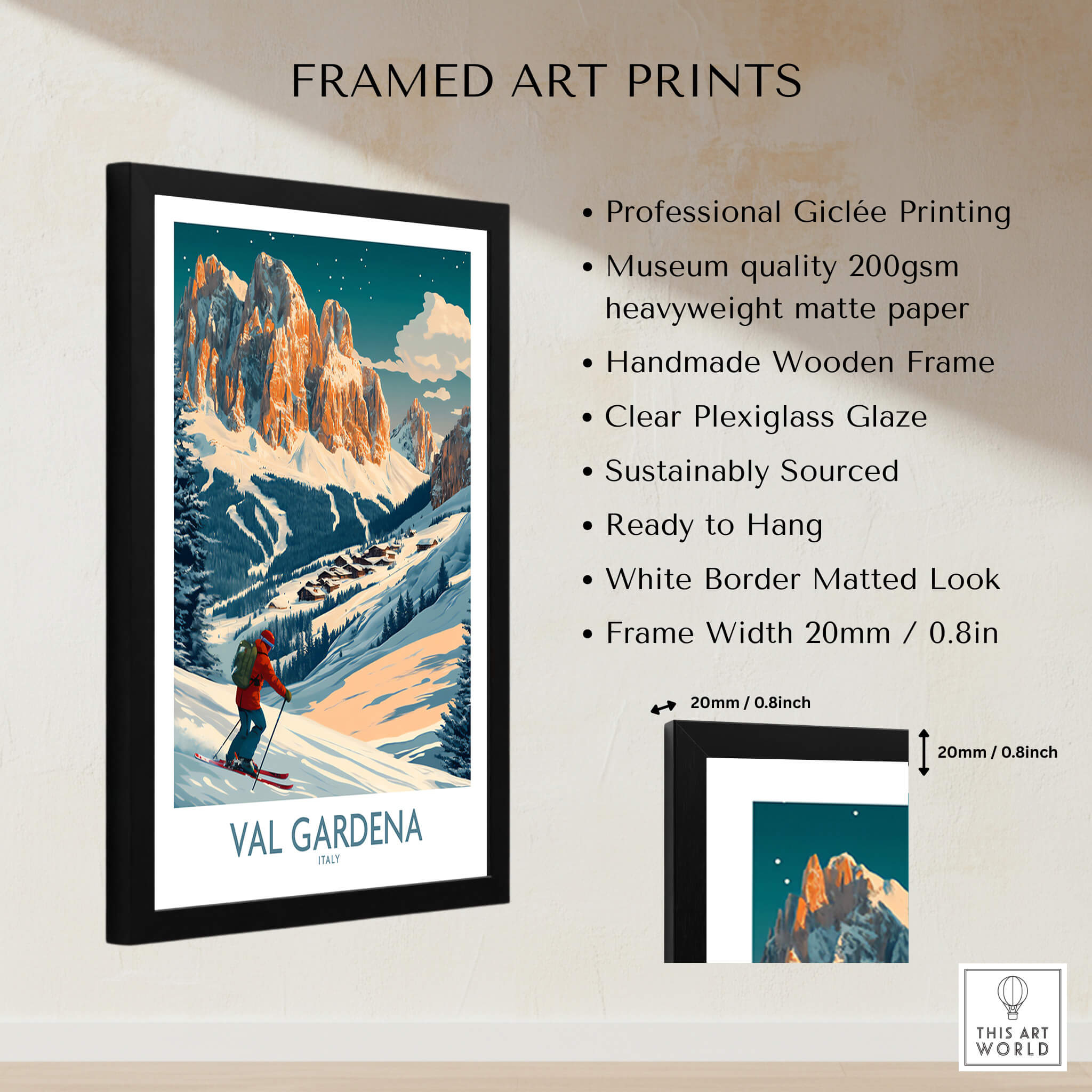 Val Gardena Wall Art Ski Print - Italy framed art print showcasing the beauty of skiing in the Italian Alps.