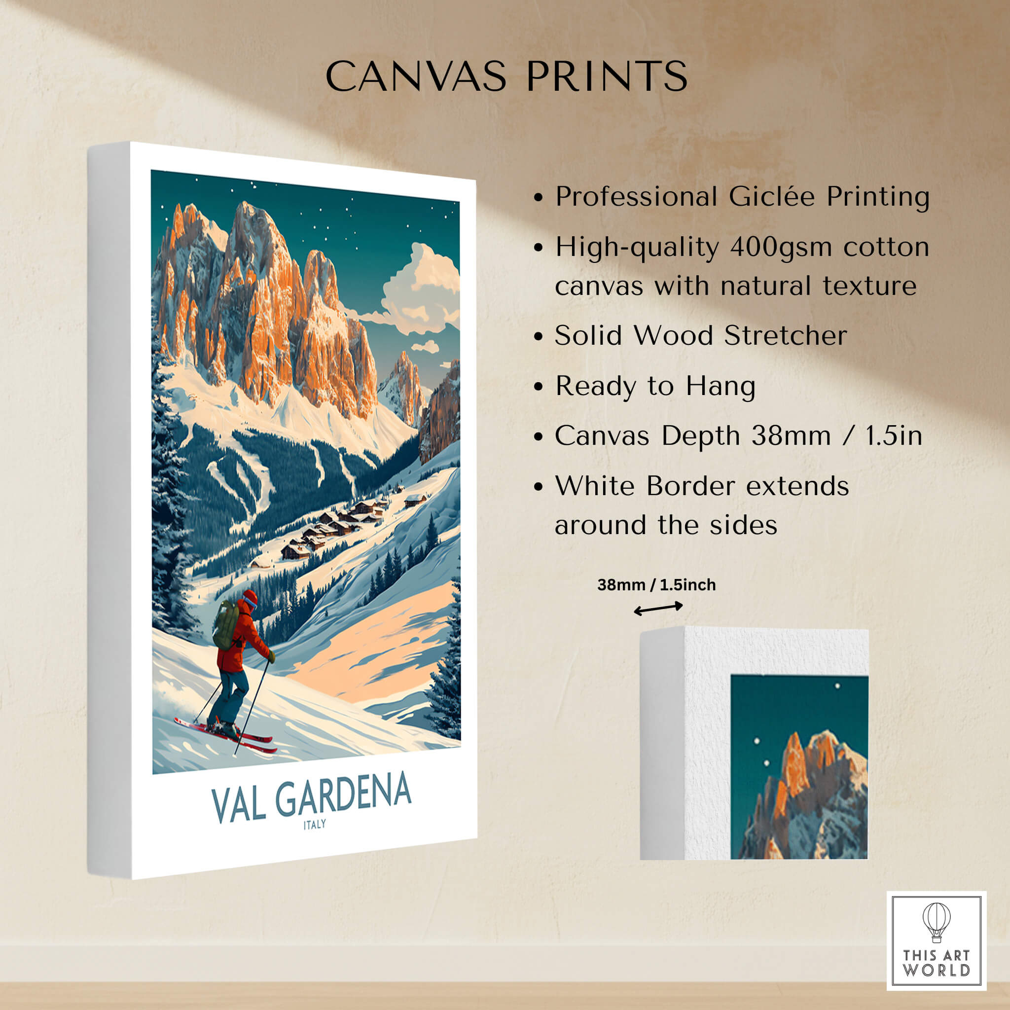 Val Gardena Wall Art Ski Print - Italy showcasing a skier descending the Italian Alps with professional Giclée printing.