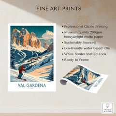 Val Gardena Wall Art Ski Print - Italy featured in professional Giclée quality with mountain scenery and skier.