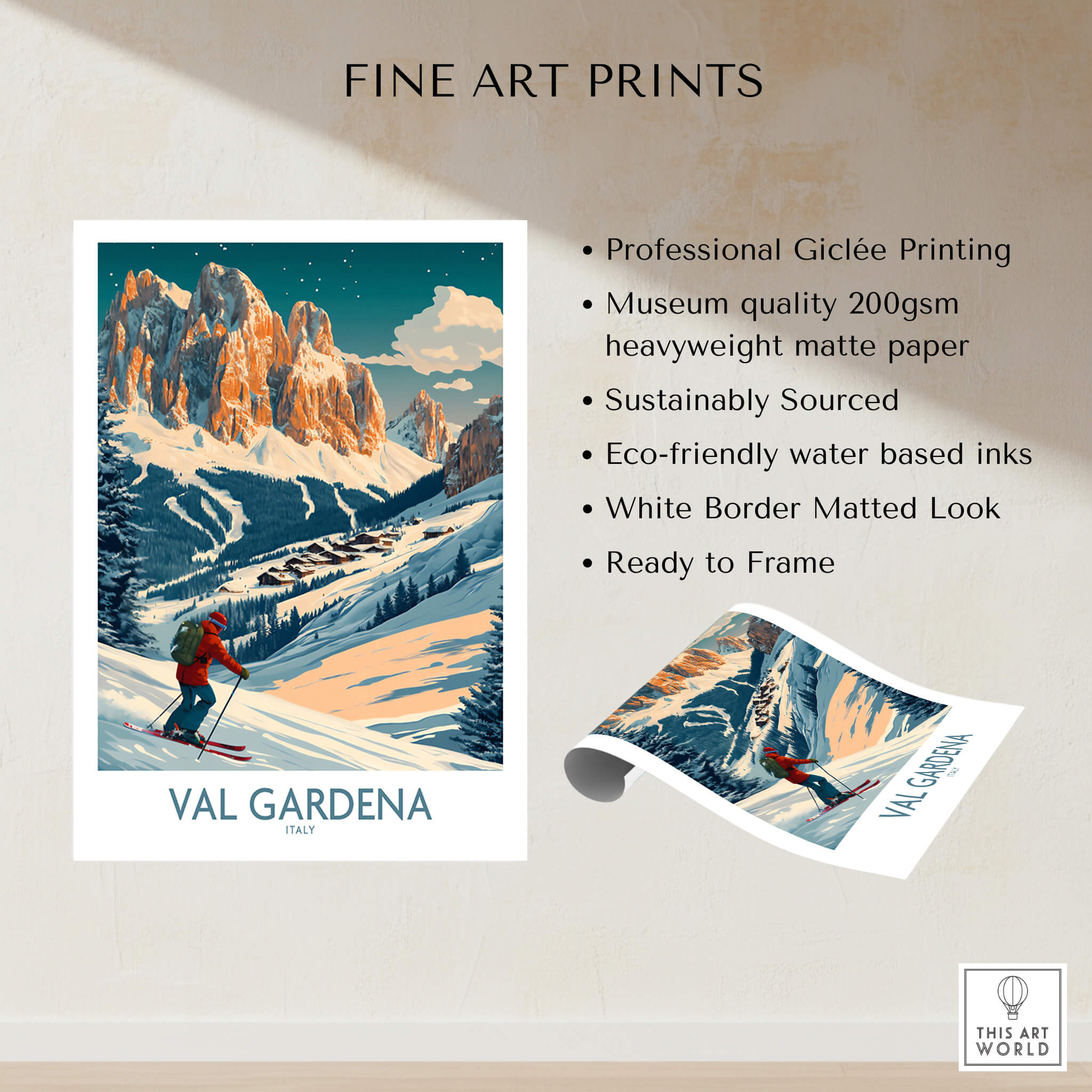 Val Gardena Wall Art Ski Print - Italy featured in professional Giclée quality with mountain scenery and skier.