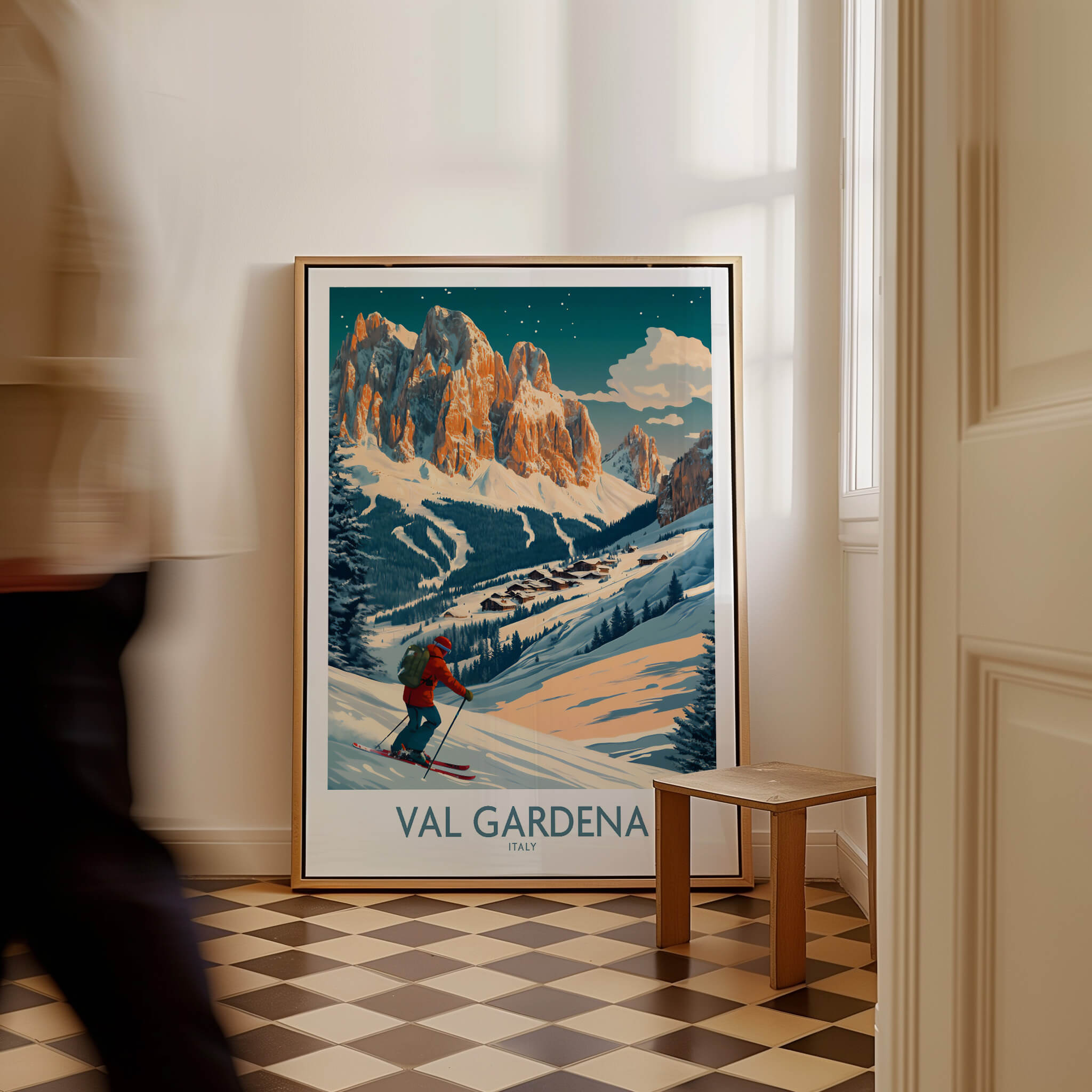 Val Gardena Wall Art Ski Print - Italy showcased in a stylish interior, capturing the essence of skiing in the Italian Alps.