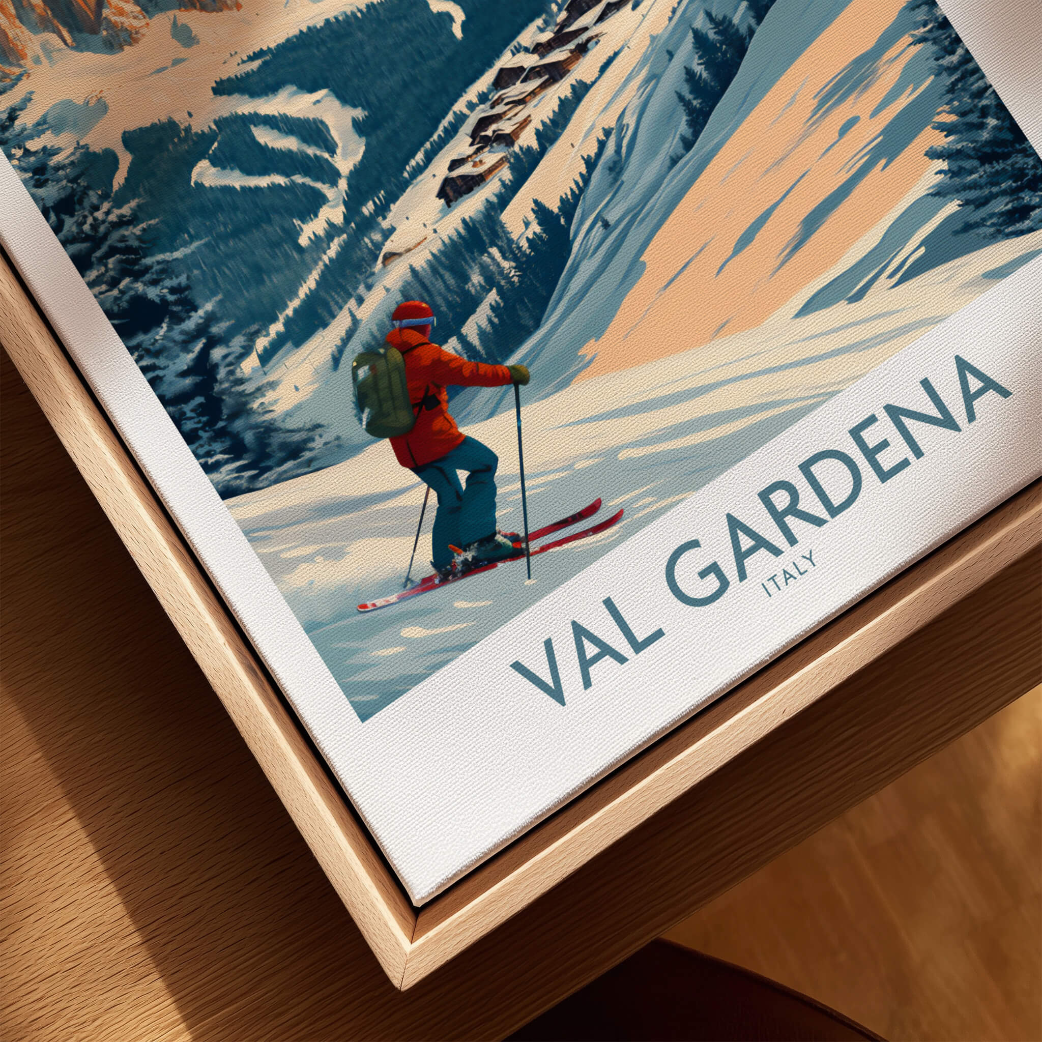 Val Gardena Wall Art Ski Print - Italy featuring a skier in the Italian Alps, perfect for decor.