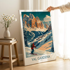Val Gardena Wall Art Ski Print -  Italy featuring a skier in front of the Italian Alps.