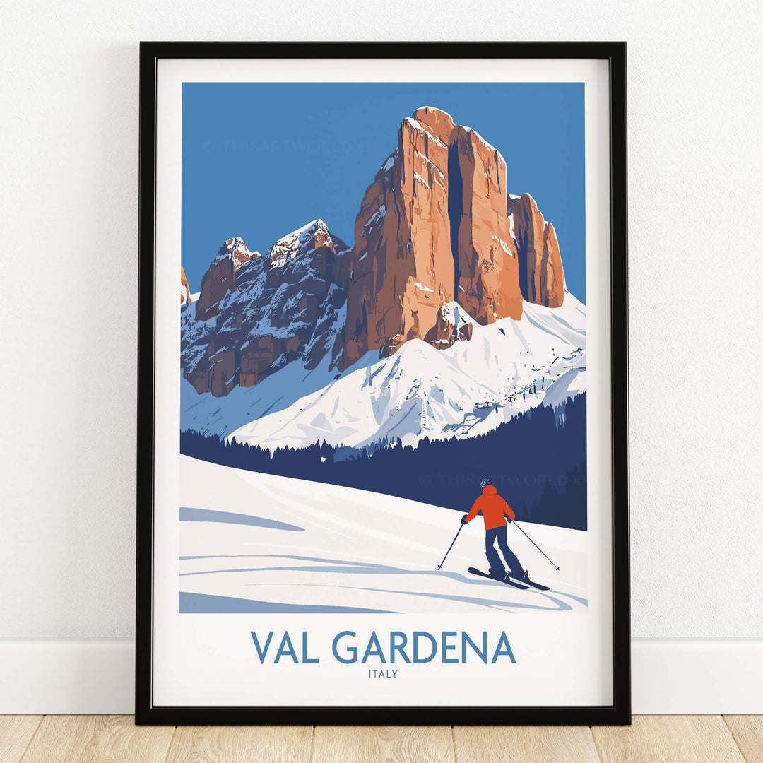 Val Gardena Wall Art Ski Poster featuring a skier and stunning mountain landscape in Italy.