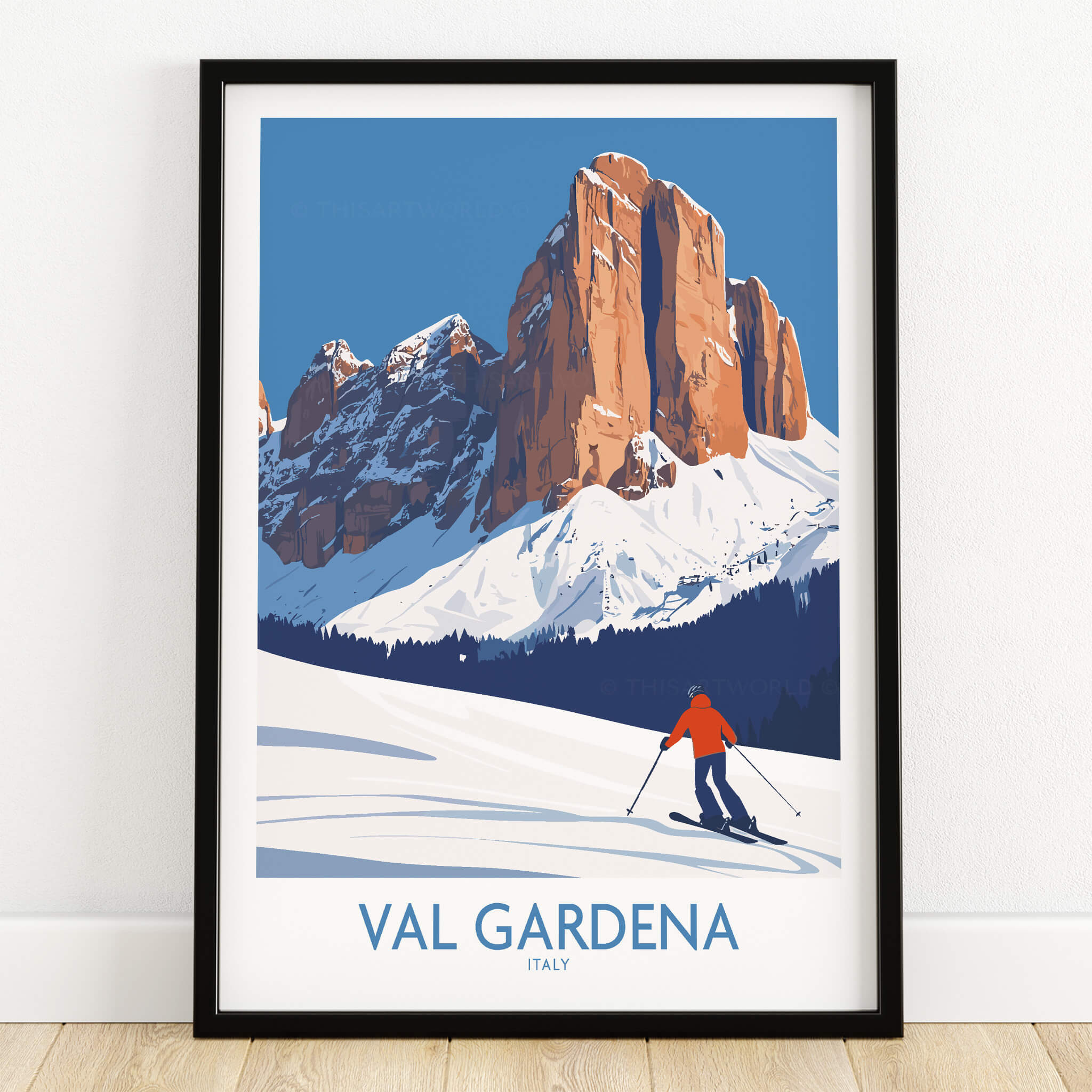 Val Gardena Wall Art Ski Poster featuring a skier and stunning mountain landscape in Italy.
