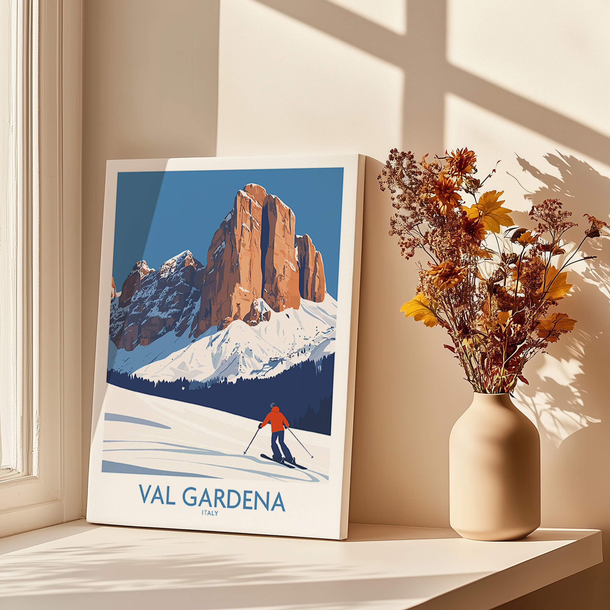 Val Gardena Wall Art Ski Poster showcasing a skier in a stunning mountain landscape.