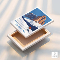 Val Gardena Wall Art Ski Poster showcasing a skier on snowy mountains, perfect for ski enthusiasts and home decor.