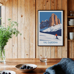 Val Gardena Wall Art Ski Poster showcasing a skier in a stunning mountain landscape, perfect for home decor.