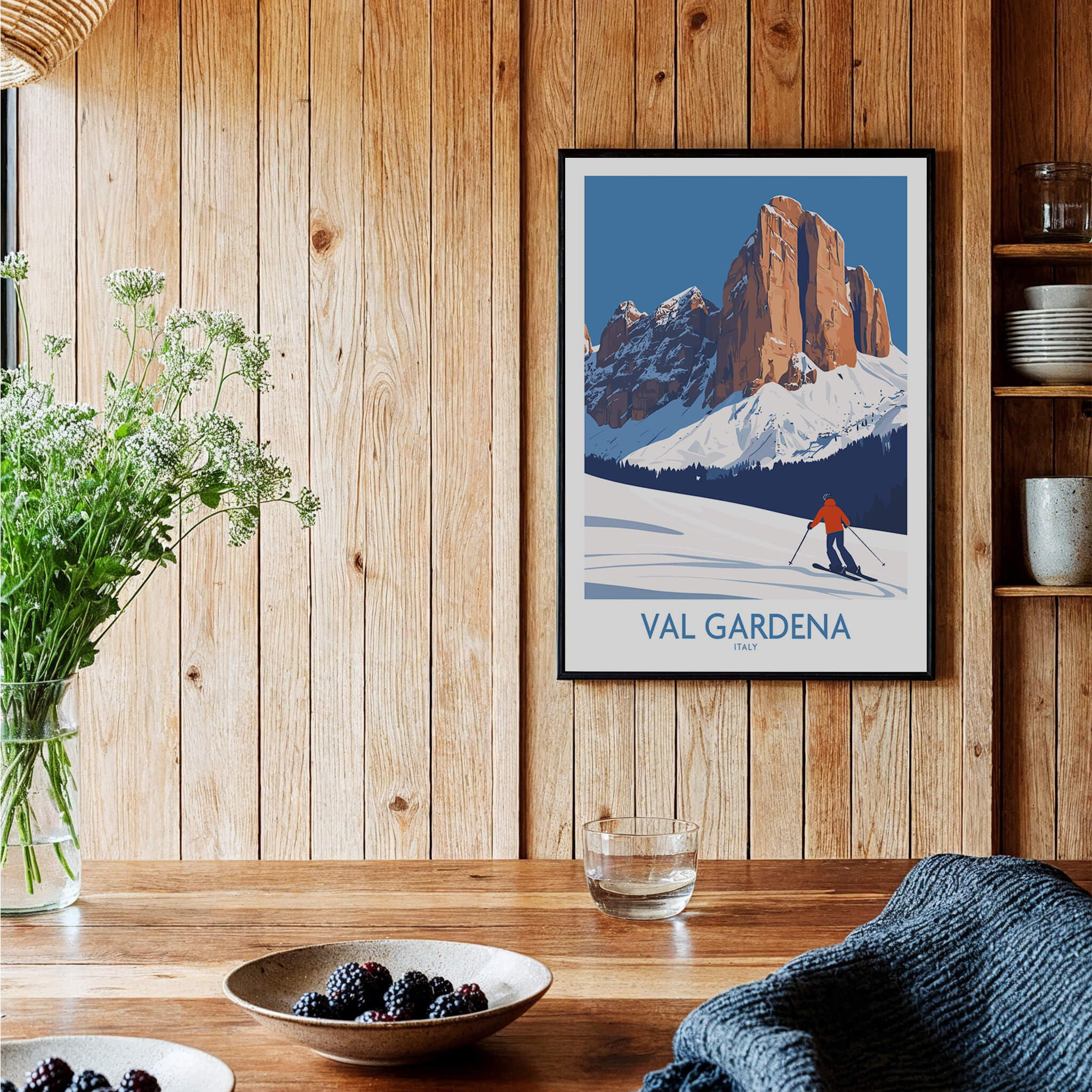 Val Gardena Wall Art Ski Poster showcasing a skier in a stunning mountain landscape, perfect for home decor.