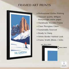 Val Gardena Wall Art Ski Poster framed print showcasing stunning mountain scenery and skier, perfect for home decor.