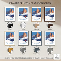 Framed prints of Val Gardena Wall Art Ski Poster in various frame colors including black, white, natural, brown, gold, silver, dark grey, and light grey.