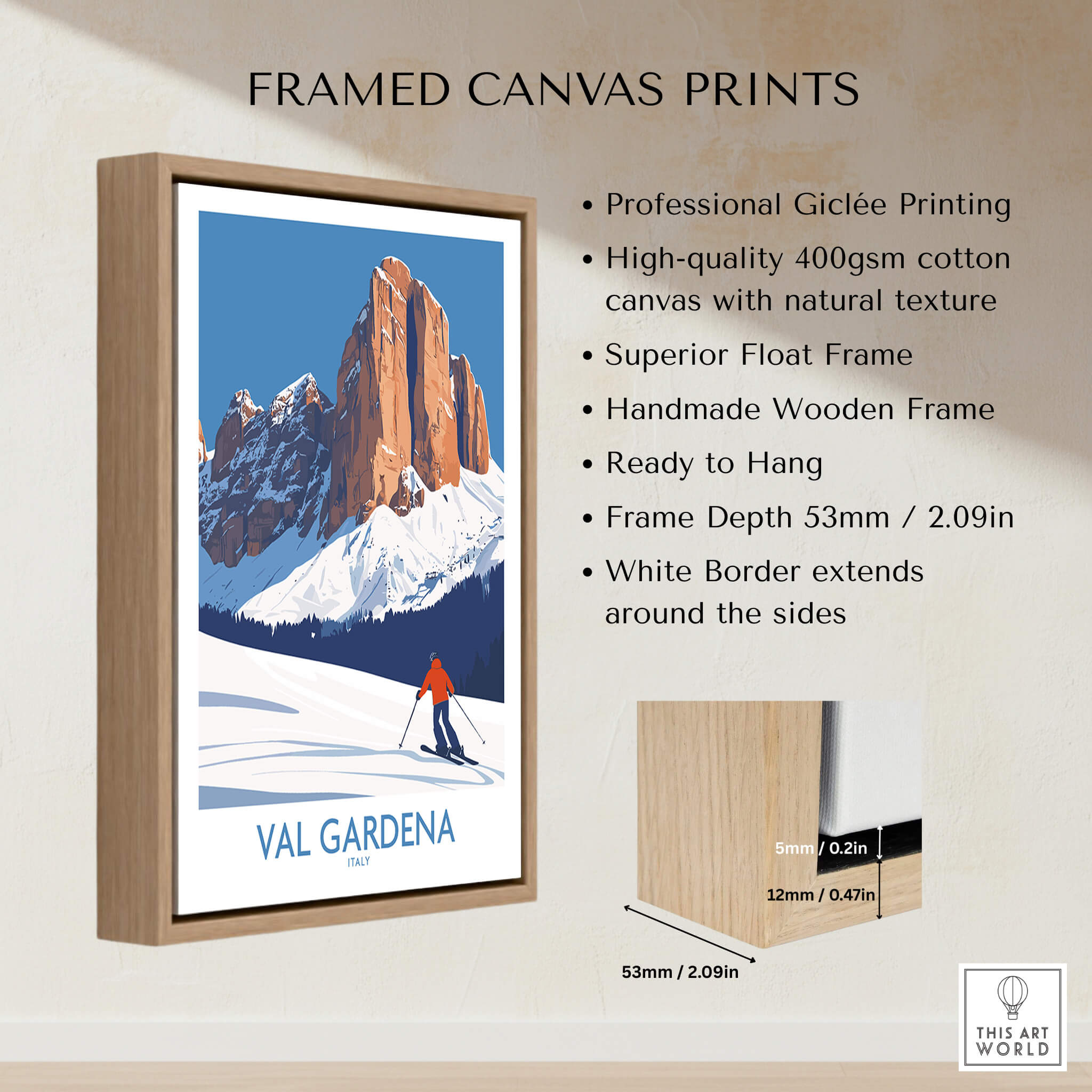 Val Gardena Wall Art Ski Poster featuring stunning mountain landscape in a framed canvas print.