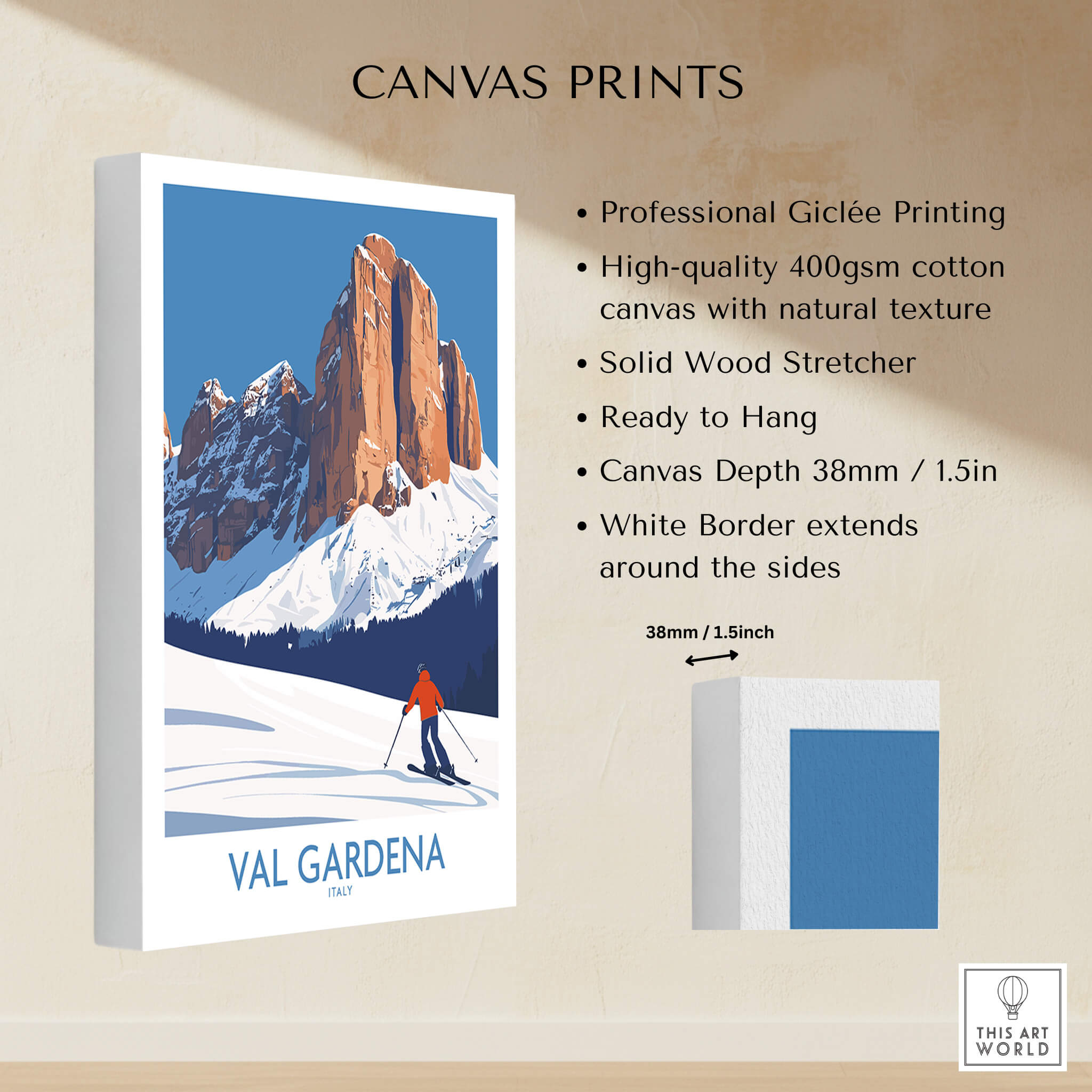 Val Gardena Wall Art Ski Poster showcasing stunning mountain landscapes and skiing adventure.