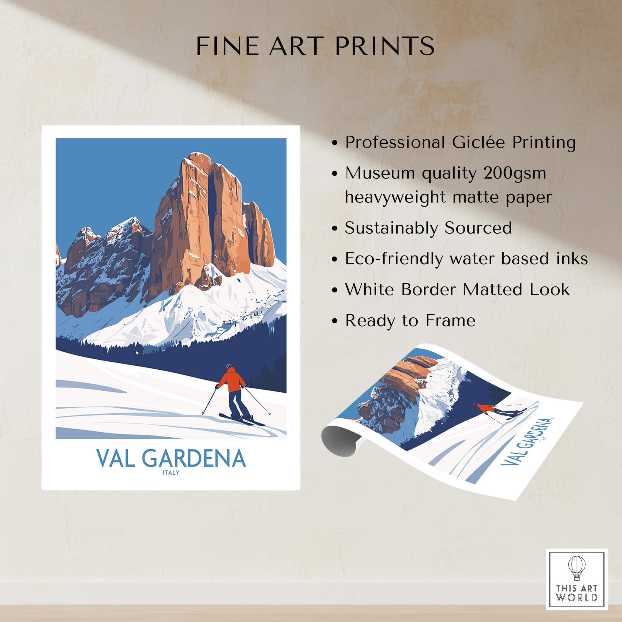 Val Gardena Wall Art Ski Poster featuring a skier against stunning mountain landscapes.