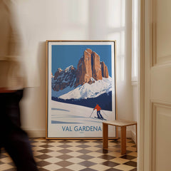 Val Gardena Wall Art Ski Poster featuring stunning mountain landscapes and a skier against a stylish interior backdrop.
