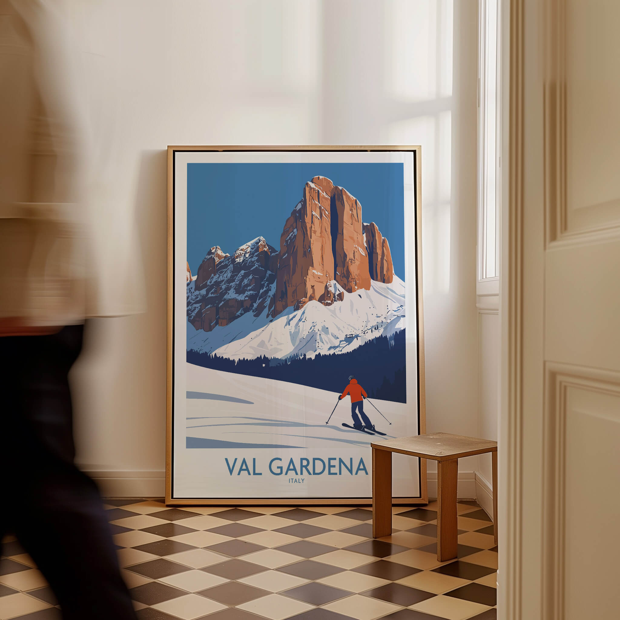 Val Gardena Wall Art Ski Poster featuring stunning mountain landscapes and a skier against a stylish interior backdrop.