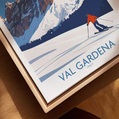 Val Gardena Wall Art Ski Poster featuring a skier against a stunning mountain backdrop in Italy.