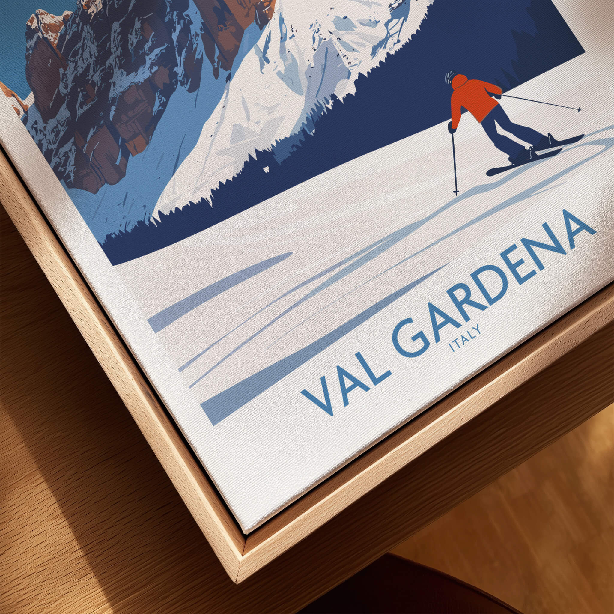 Val Gardena Wall Art Ski Poster featuring a skier against a stunning mountain backdrop in Italy.