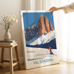 Val Gardena Wall Art Ski Poster showcasing a skier in stunning mountain landscape, perfect for home decor.