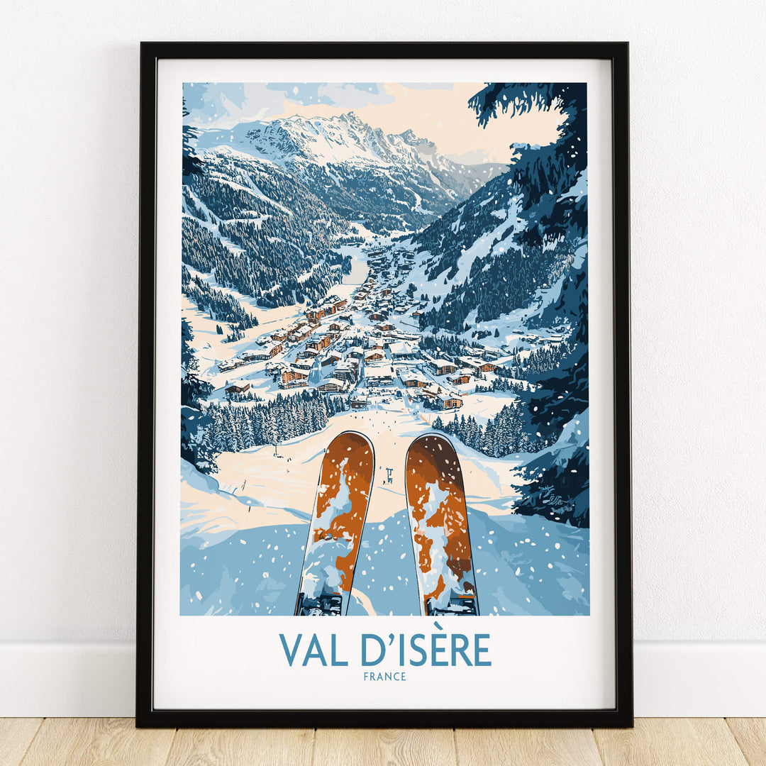 Val d'isere Poster showcasing a stunning ski view over the snowy mountains and town of Val d'Isère, France.