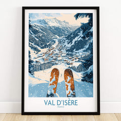 Val d'isere Poster showcasing a stunning ski view over the snowy mountains and town of Val d'Isère, France.