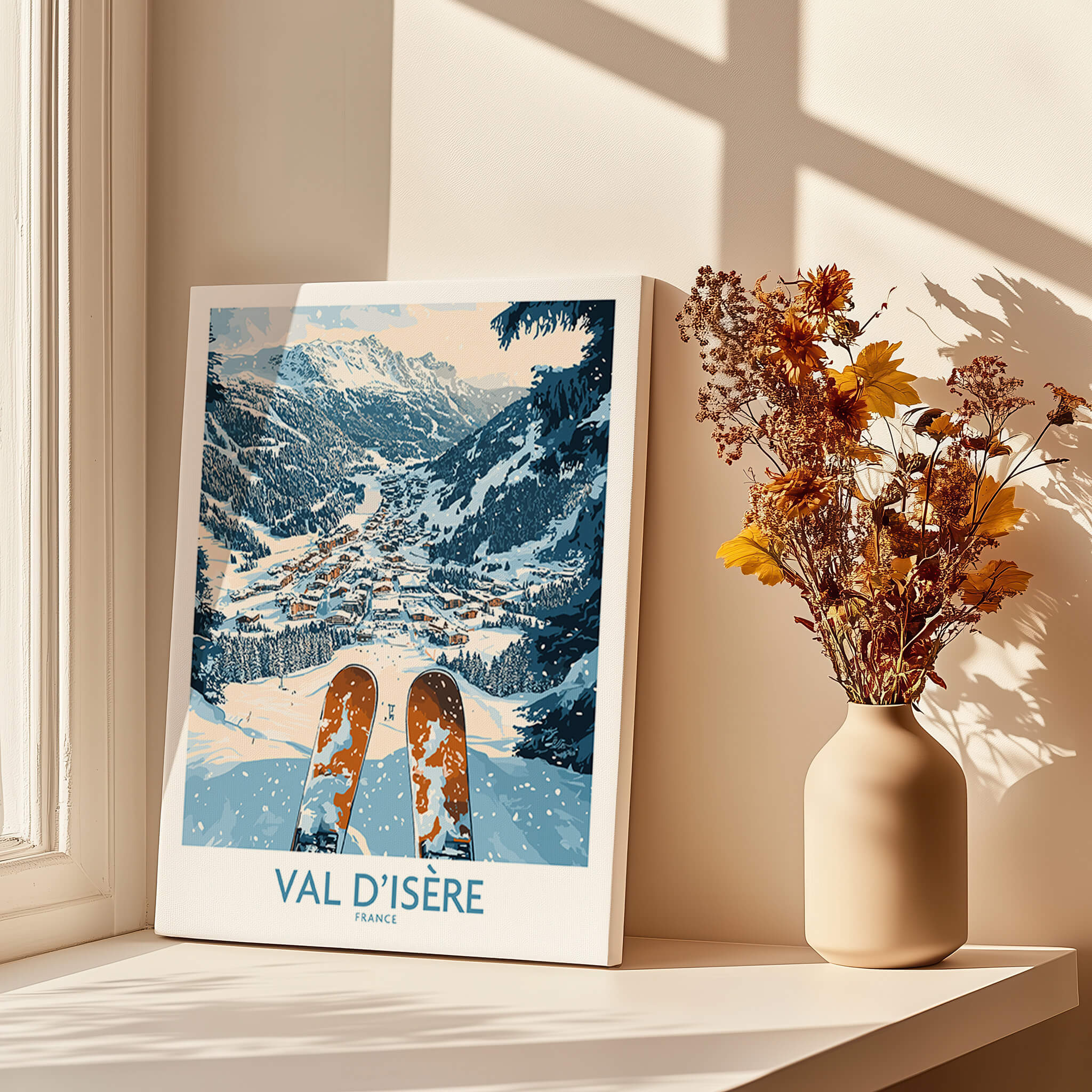 Val d'isere Poster showcasing a stunning ski landscape with picturesque mountains and snow-covered slopes.