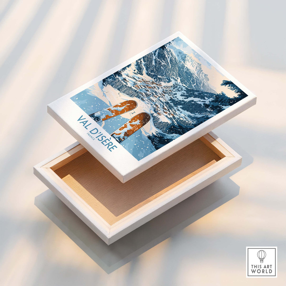 Val d'isere Poster featuring a stunning ski print inside an open box, perfect for mountain and ski lovers.