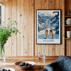 Val d'isere Poster featuring stunning ski visuals in a cozy cabin setting, showcasing the beauty of the mountains.