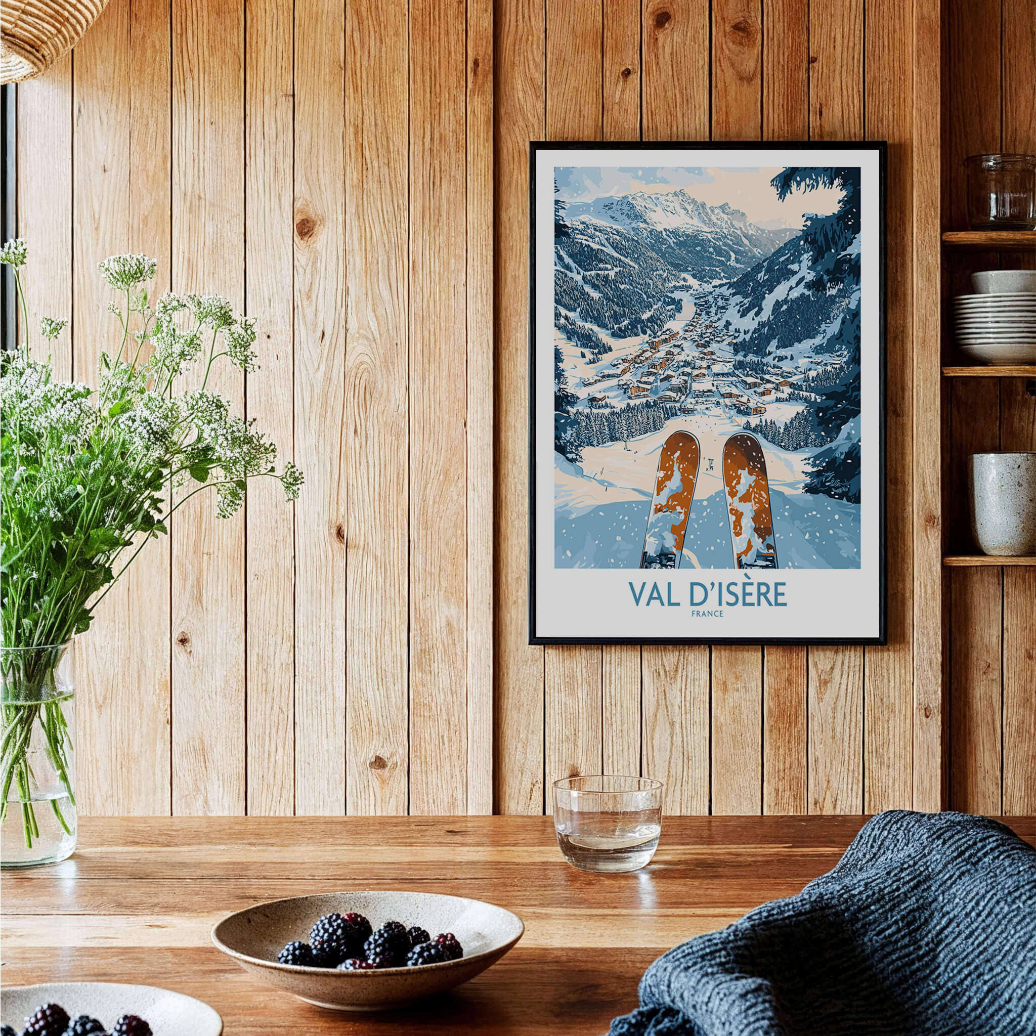 Val d'isere Poster featuring stunning ski visuals in a cozy cabin setting, showcasing the beauty of the mountains.