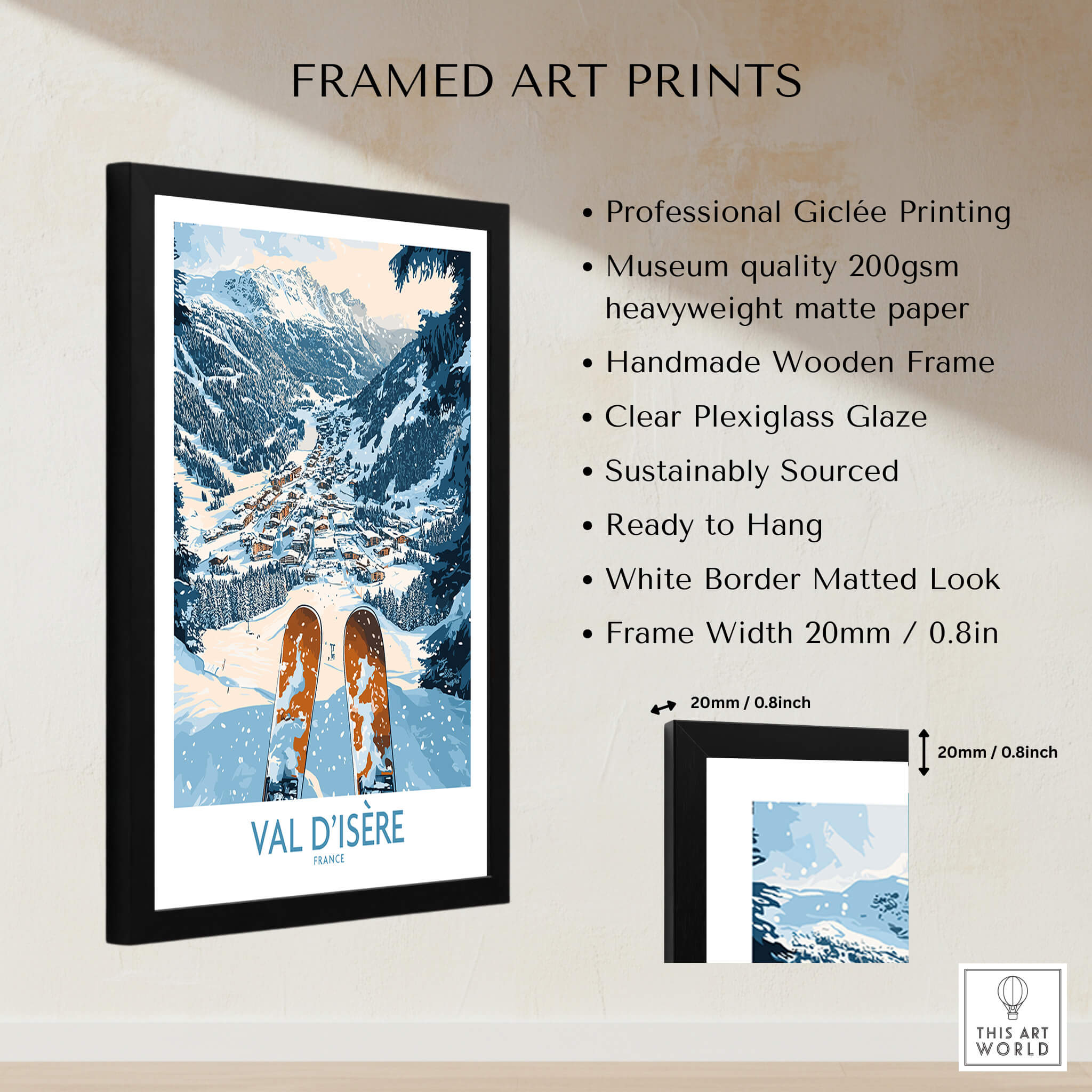 Val d'isere Poster framed art print showcasing a beautiful ski resort scene with professional Giclée printing.