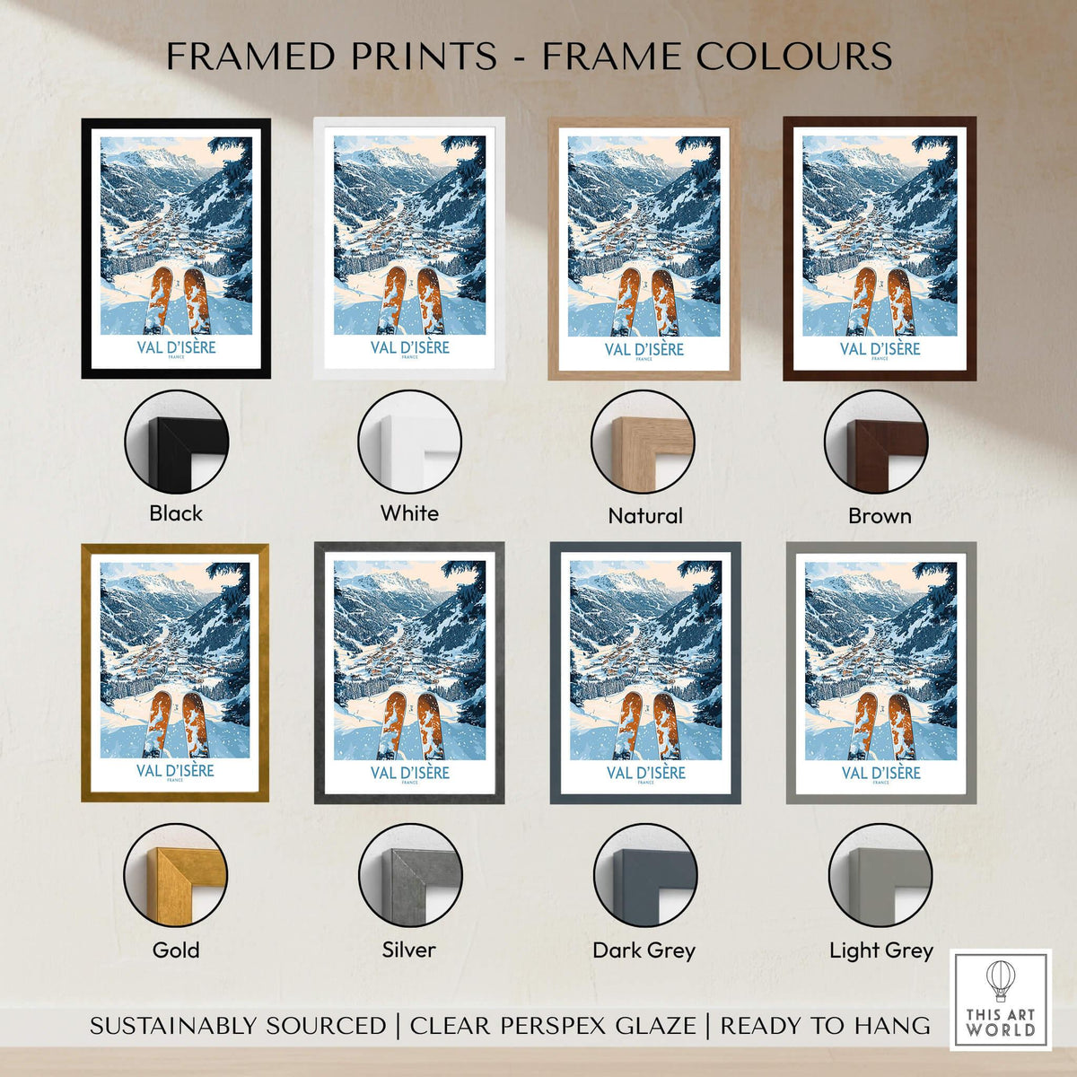 Val d'isere Poster framed print options in various colors including black, white, natural, brown, gold, silver, dark grey, and light grey.