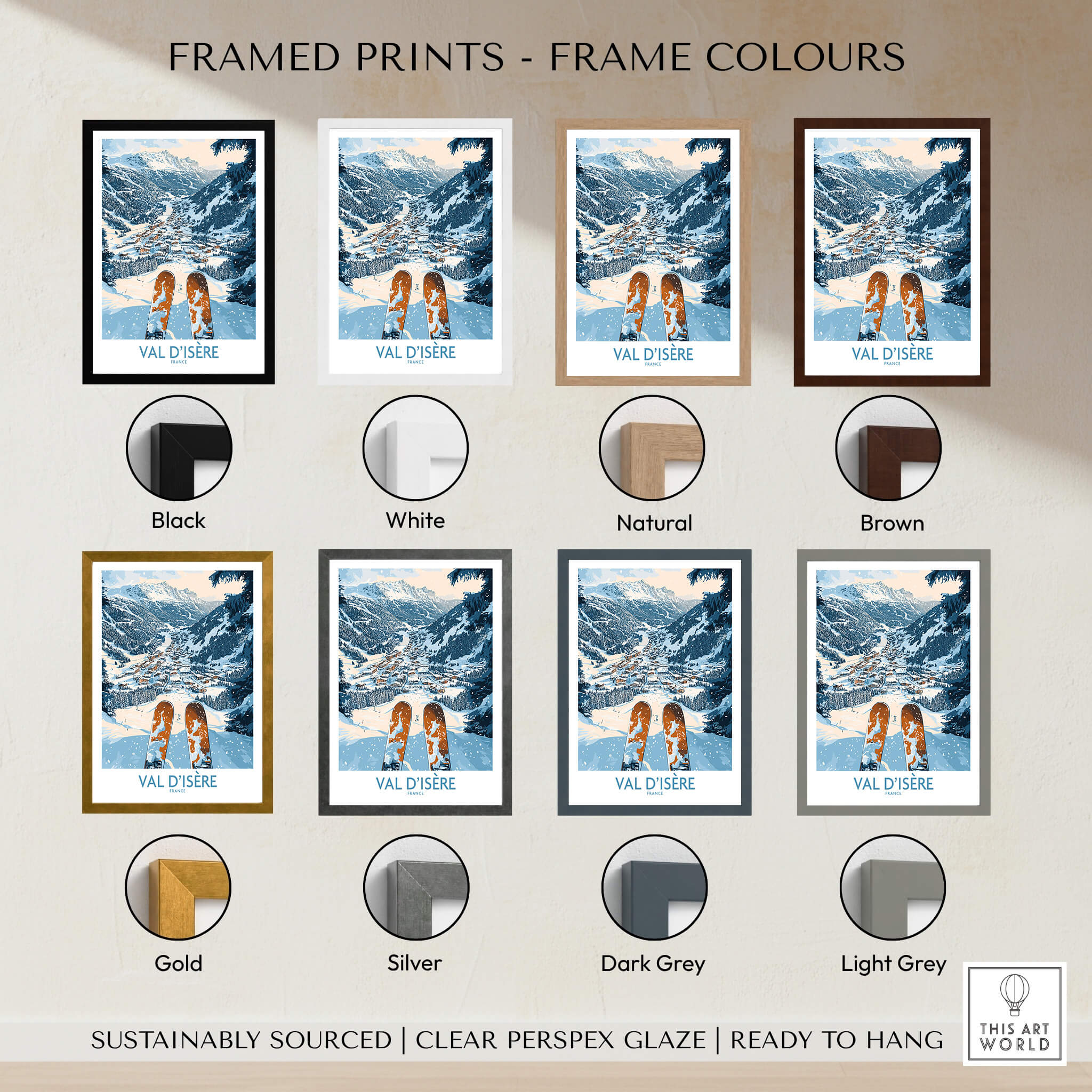 Val d'isere Poster framed print options in various colors including black, white, natural, brown, gold, silver, dark grey, and light grey.