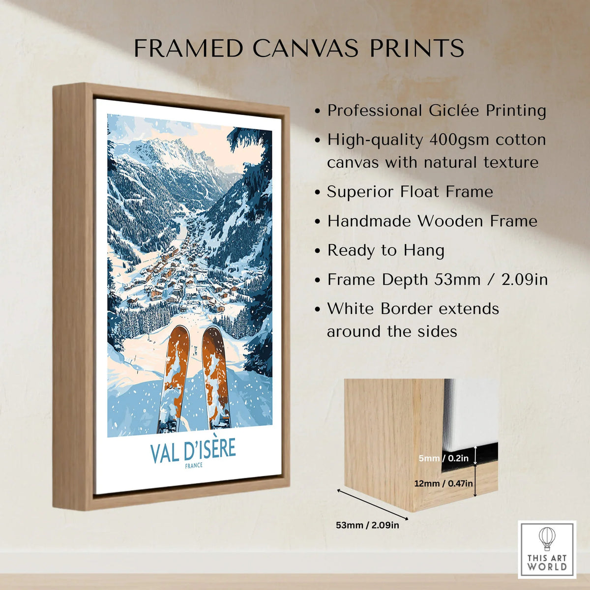 Framed Val d'isere Poster showcasing stunning ski artwork and high-quality giclée printing.