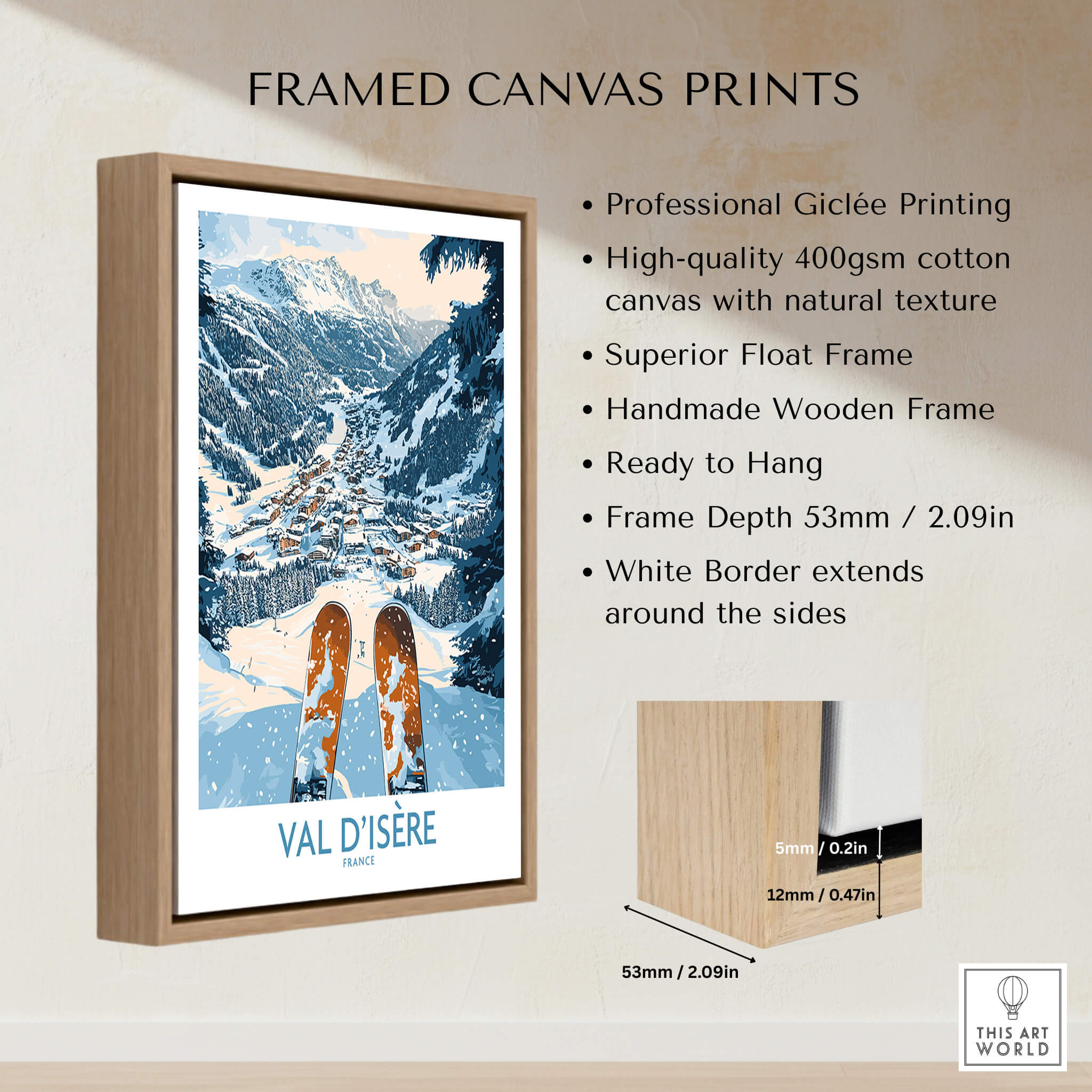 Framed Val d'isere Poster showcasing stunning ski artwork and high-quality giclée printing.