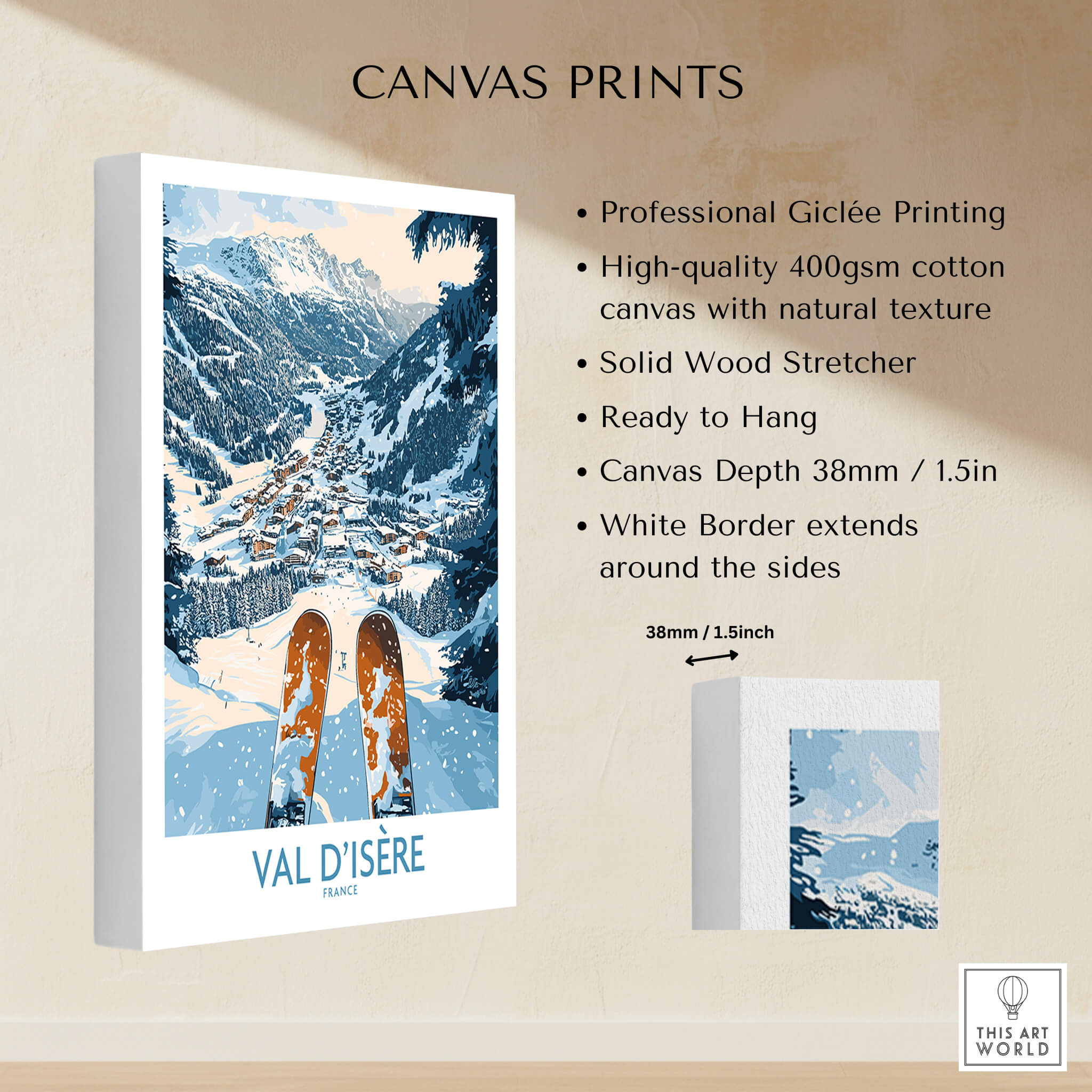 Val d'isere Poster showcasing professional Giclée printing on high-quality canvas, perfect for ski wall art.