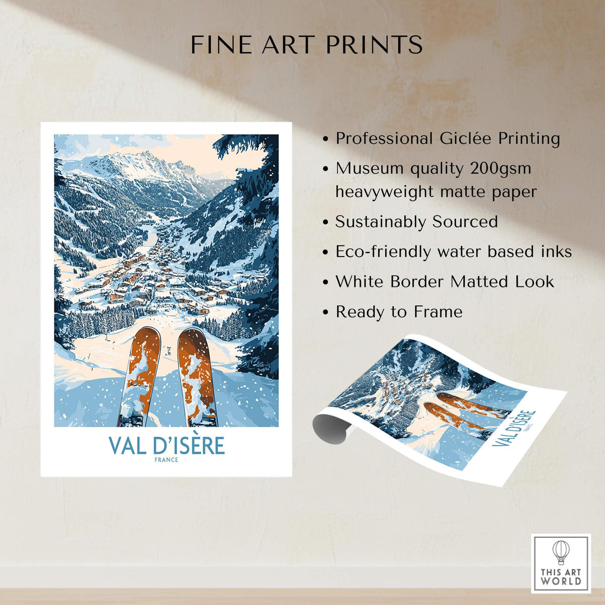 Val d'isere Poster showcasing a stunning ski print with mountains and slopes, perfect for outdoor and skiing enthusiasts.