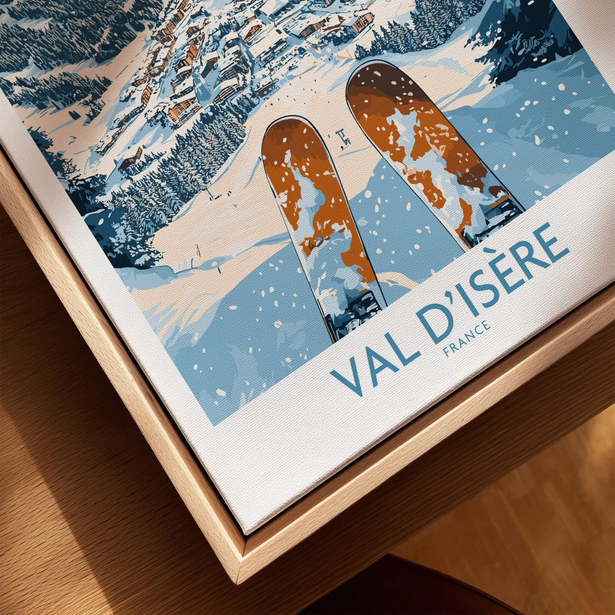 Val d'isere Poster featuring skis and a snowy mountain landscape, perfect for ski wall art enthusiasts.