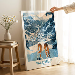 Val d'isere Poster showcasing a snowy mountain view with skis, perfect for ski enthusiasts and home decor.