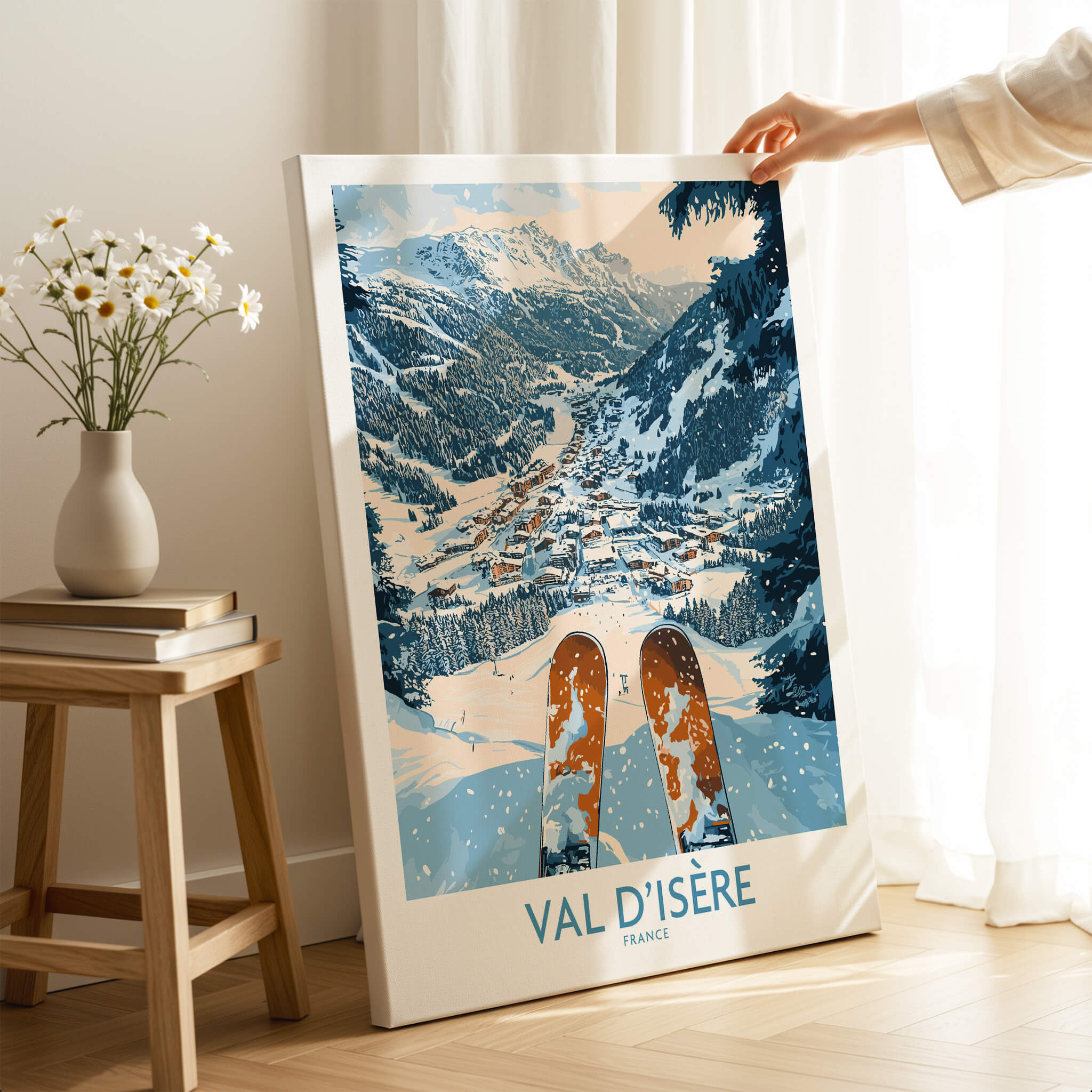 Val d'isere Poster showcasing a snowy mountain view with skis, perfect for ski enthusiasts and home decor.